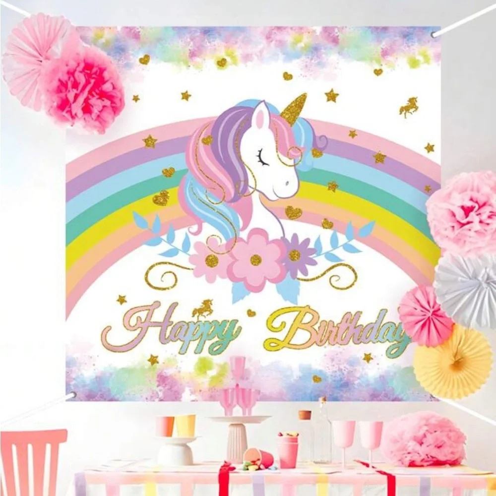Pastel rainbow Unicorn Happy Birthday #4,  3 x 5, girls Birthday party kit